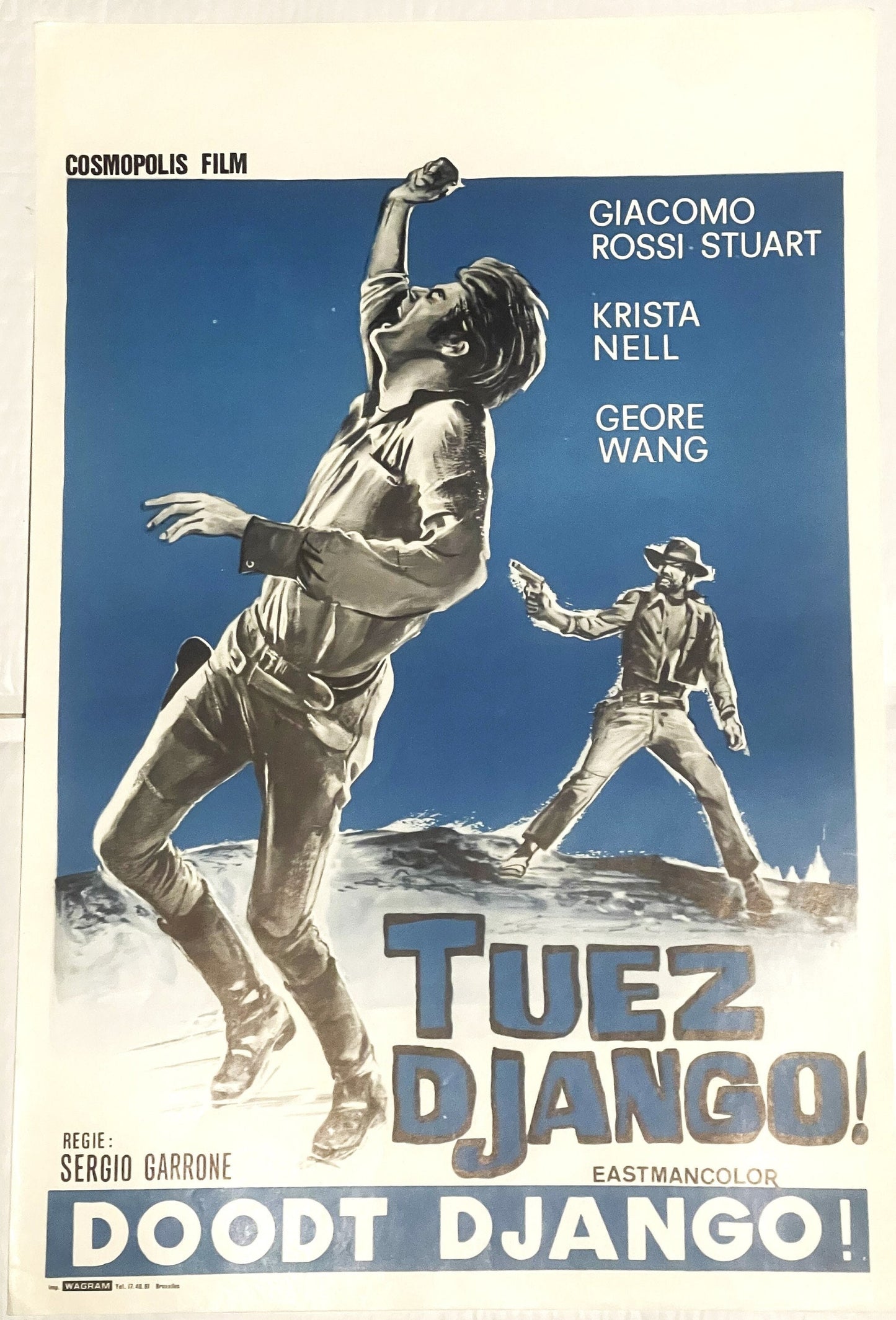 Vintage Belgian movie poster featuring a man jumping with gun raised, cowboy with pistol on desert landscape, blue background