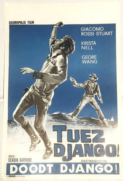 Vintage Belgian movie poster featuring a man jumping with gun raised, cowboy with pistol on desert landscape, blue background