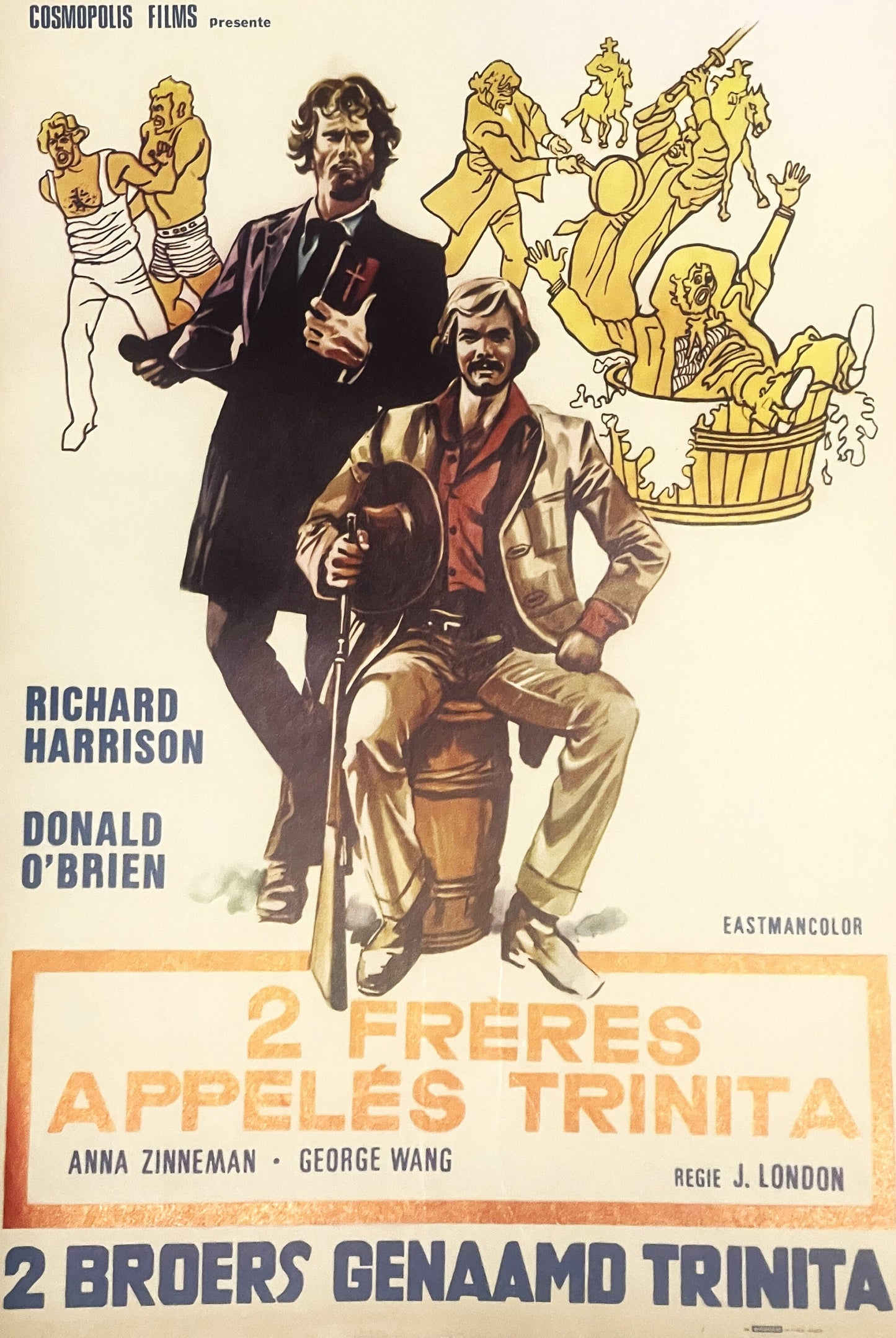 Vintage movie poster for "2 Freres Appeles Trinita" featuring illustrated men in Western attire and yellow figures, printed i