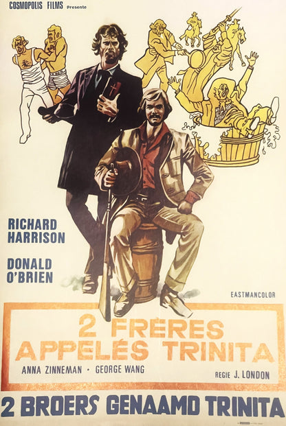 Vintage movie poster for "2 Freres Appeles Trinita" featuring illustrated men in Western attire and yellow figures, printed i