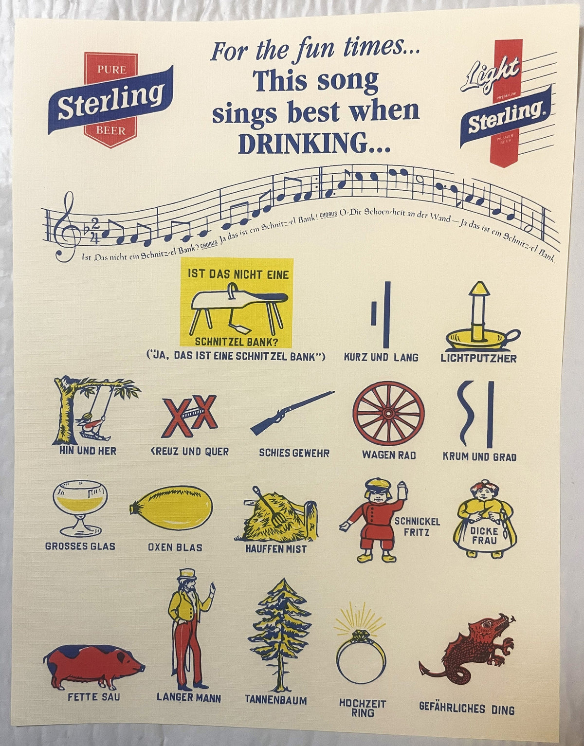 Vintage Sterling Beer song sheet with German lyrics, musical notation, and illustrated icons including furniture, animals