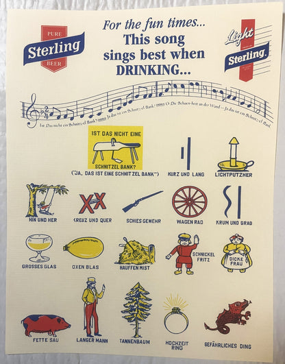 Vintage Sterling Beer song sheet with German lyrics, musical notation, and illustrated icons including furniture, animals