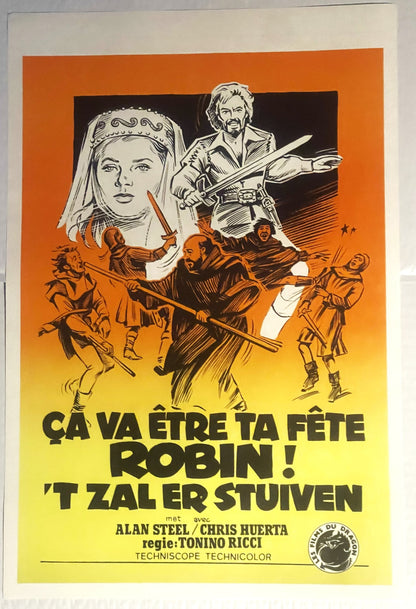 Vintage Belgian movie poster with orange-to-yellow gradient background featuring illustrated characters and French