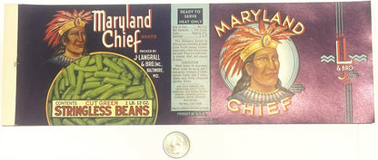 The 13 inch Maryland Chief Stringless Beans label laid flat beside a quarter for size