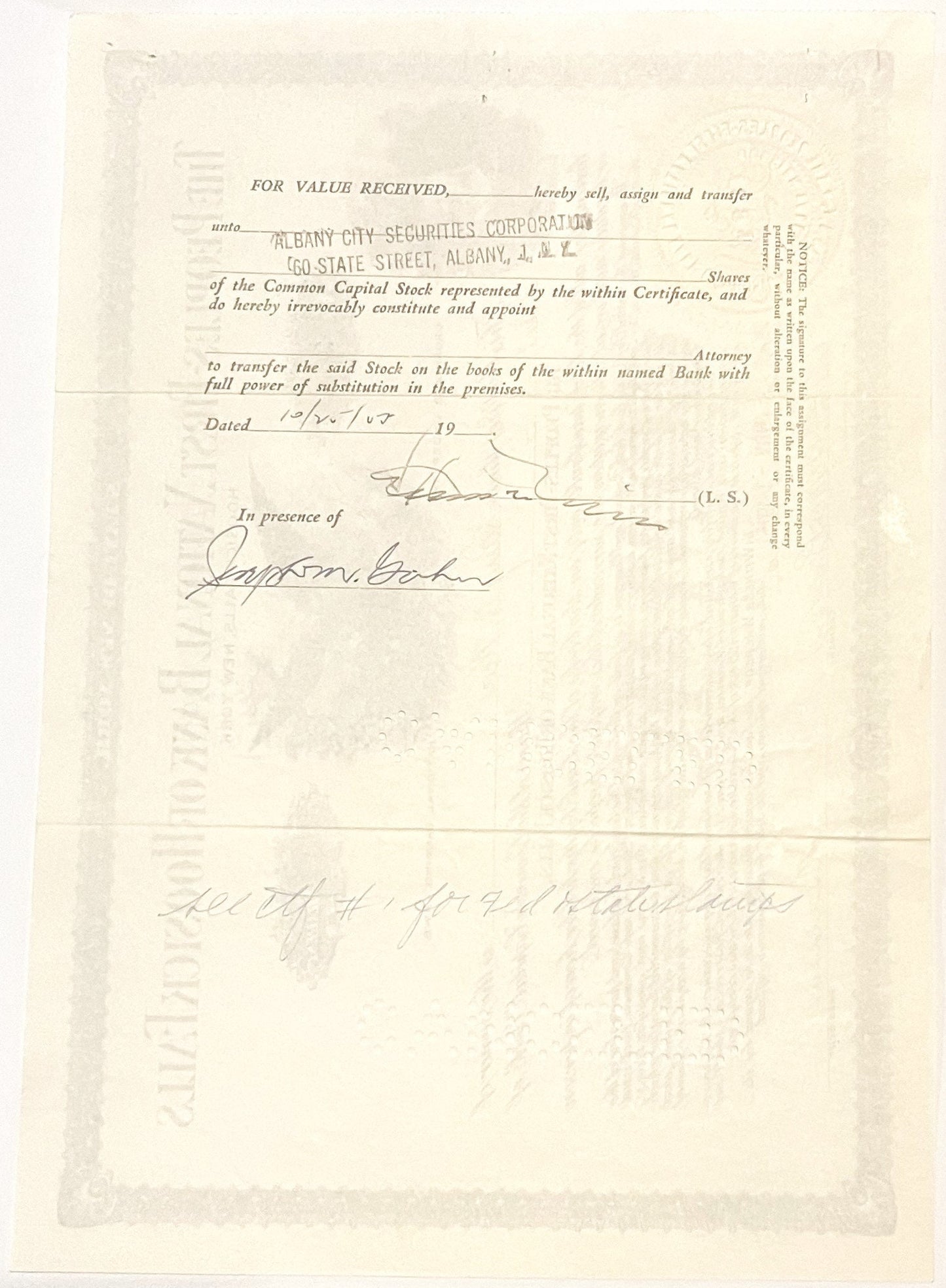 Aged stock certificate with printed text for Albany City Securities Corporation, handwritten signatures and date, cream-color
