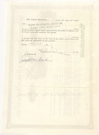 Aged stock certificate with printed text for Albany City Securities Corporation, handwritten signatures and date, cream-color