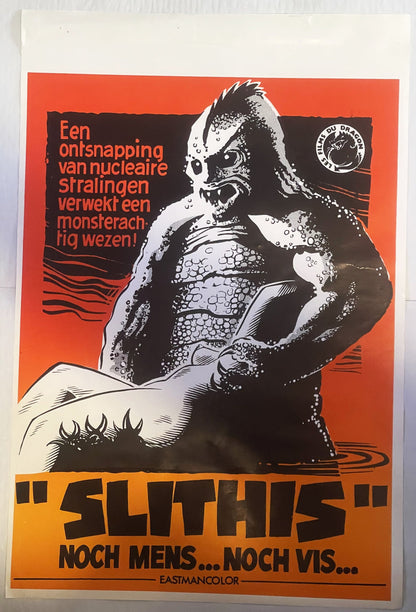 Vintage Belgian movie poster featuring a grotesque amphibian creature in black and white against red and orange background wi