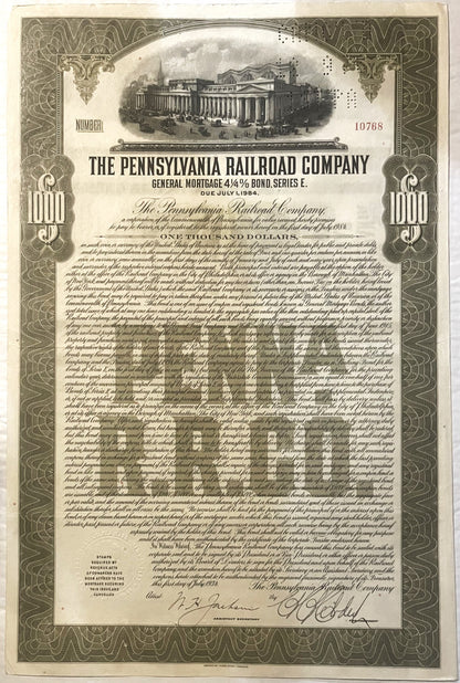 Vintage 1934 Pennsylvania Railroad $1000 bond certificate with Penn Station engraving, ornate border, and signatures