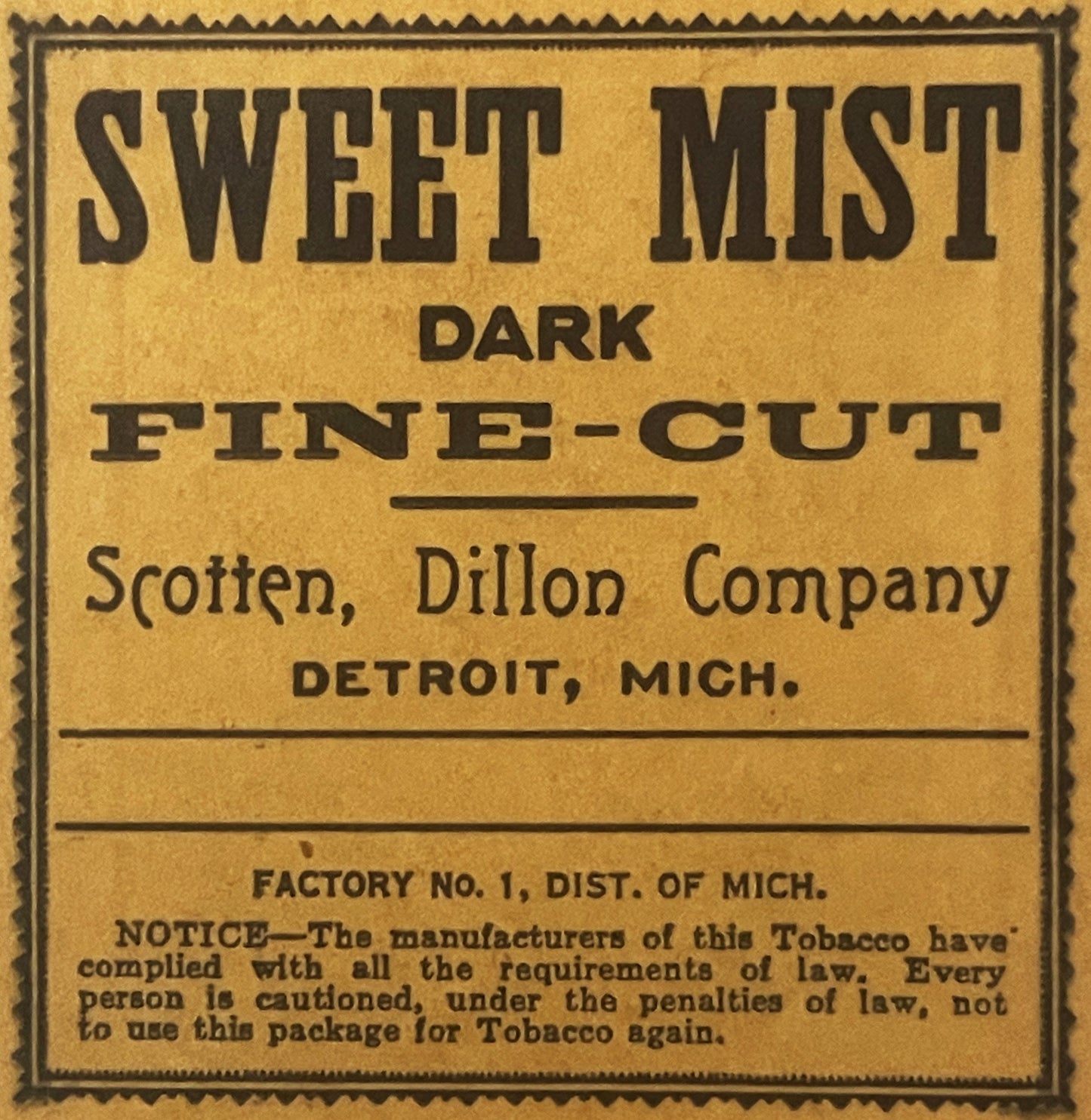 Antique Vintage 1930s - 1940s Sweet Mist Dark Fine Cut Tobacco Bag, Detroit, MI 🚬
