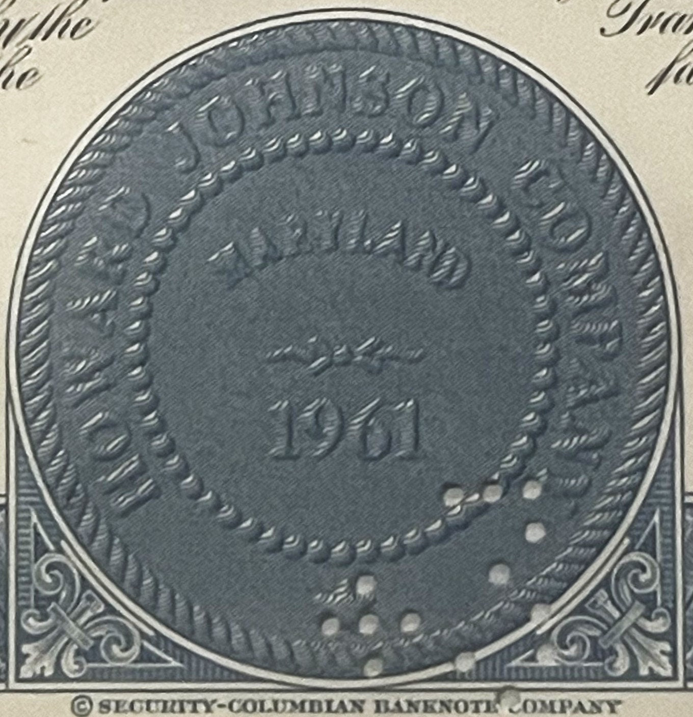 Close-up of ornate stock certificate medallion with " " date and decorative border, printed by Security-Colombian Banknote