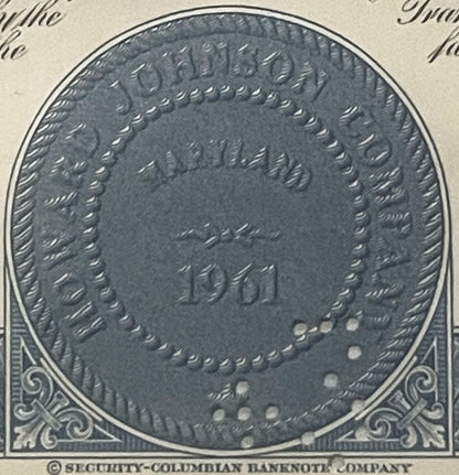 Close-up of ornate stock certificate medallion with " " date and decorative border, printed by Security-Colombian Banknote