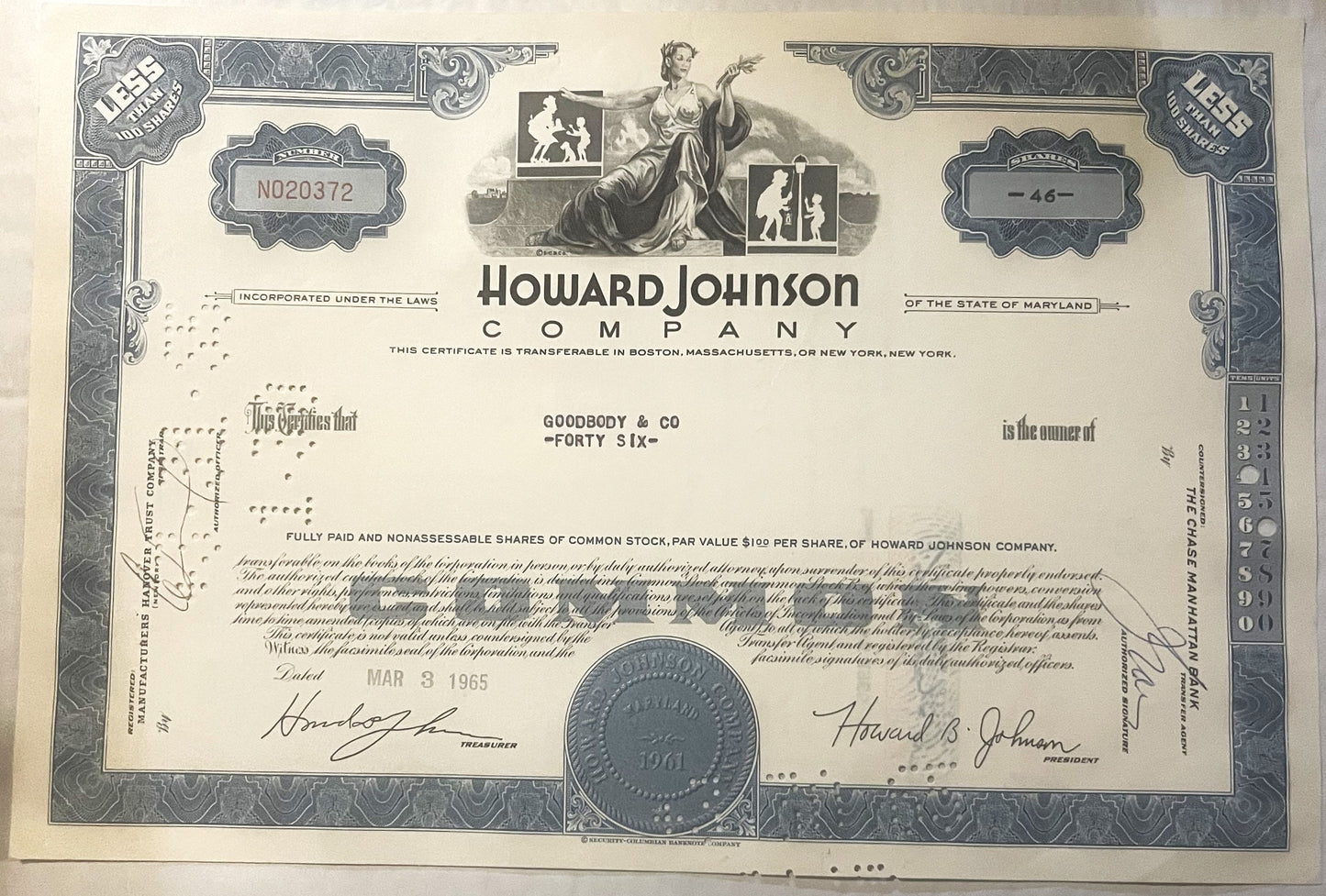 Vintage Howard Johnson Company stock certificate with blue ornate borders, allegorical woman illustration, and company seal d