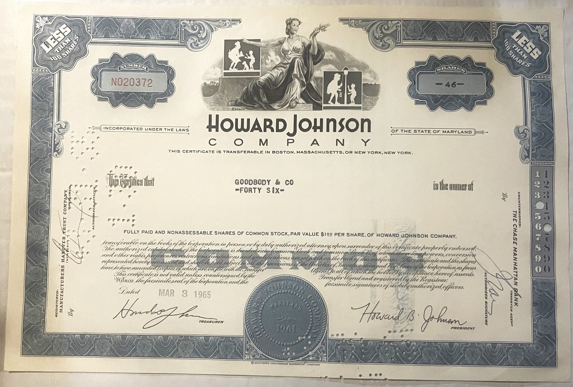 Vintage Howard Johnson Company stock certificate with blue ornate borders, allegorical woman illustration, and company seal d
