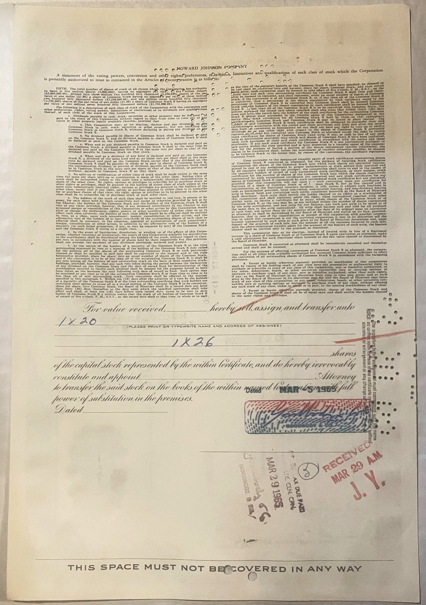 Vintage Howard Johnson Company stock certificate with blue border, dense printed text, handwritten numbers 1X20 and 1X26, off