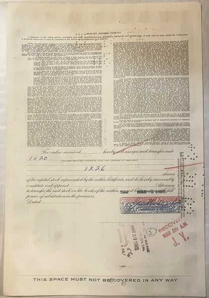 Vintage Howard Johnson Company stock certificate with blue border, dense printed text, handwritten numbers 1X20 and 1X26, off