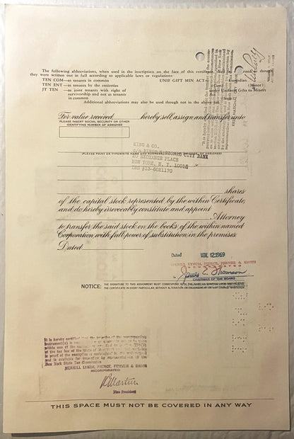 Cream-colored Howard Johnson stock certificate for 100 shares with printed text, signatures, and company letterhead on a