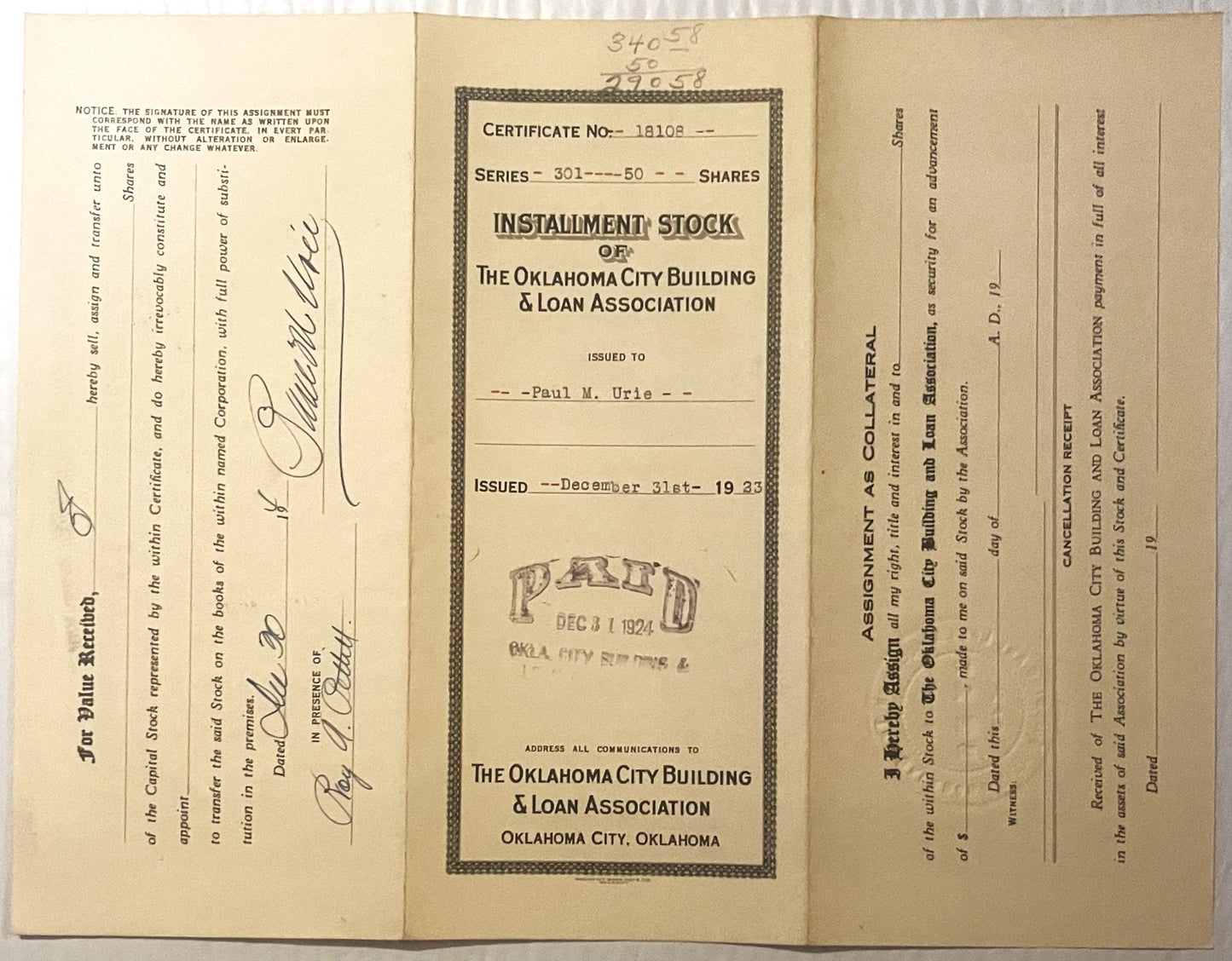 Opened stock certificate from for Oklahoma City Building & Loan Association, with handwritten sig