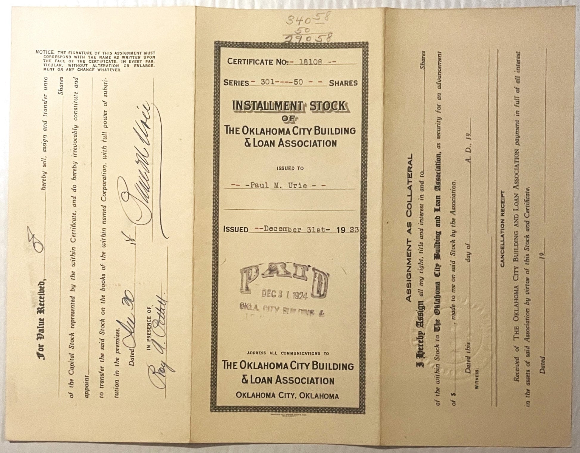 Opened stock certificate from for Oklahoma City Building & Loan Association, with handwritten sig