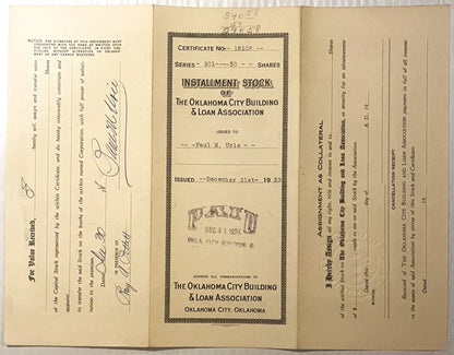 Opened stock certificate from for Oklahoma City Building & Loan Association, with handwritten sig