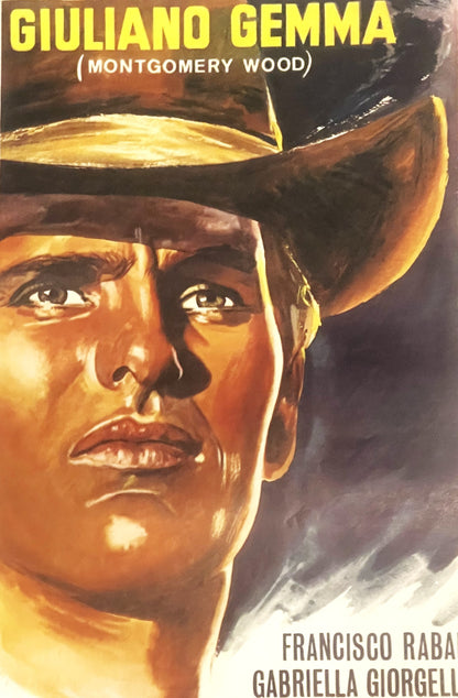Vintage western movie poster featuring Giuliano Gemma in cowboy hat, yellow text at top, cast names at bottom, brown and gold