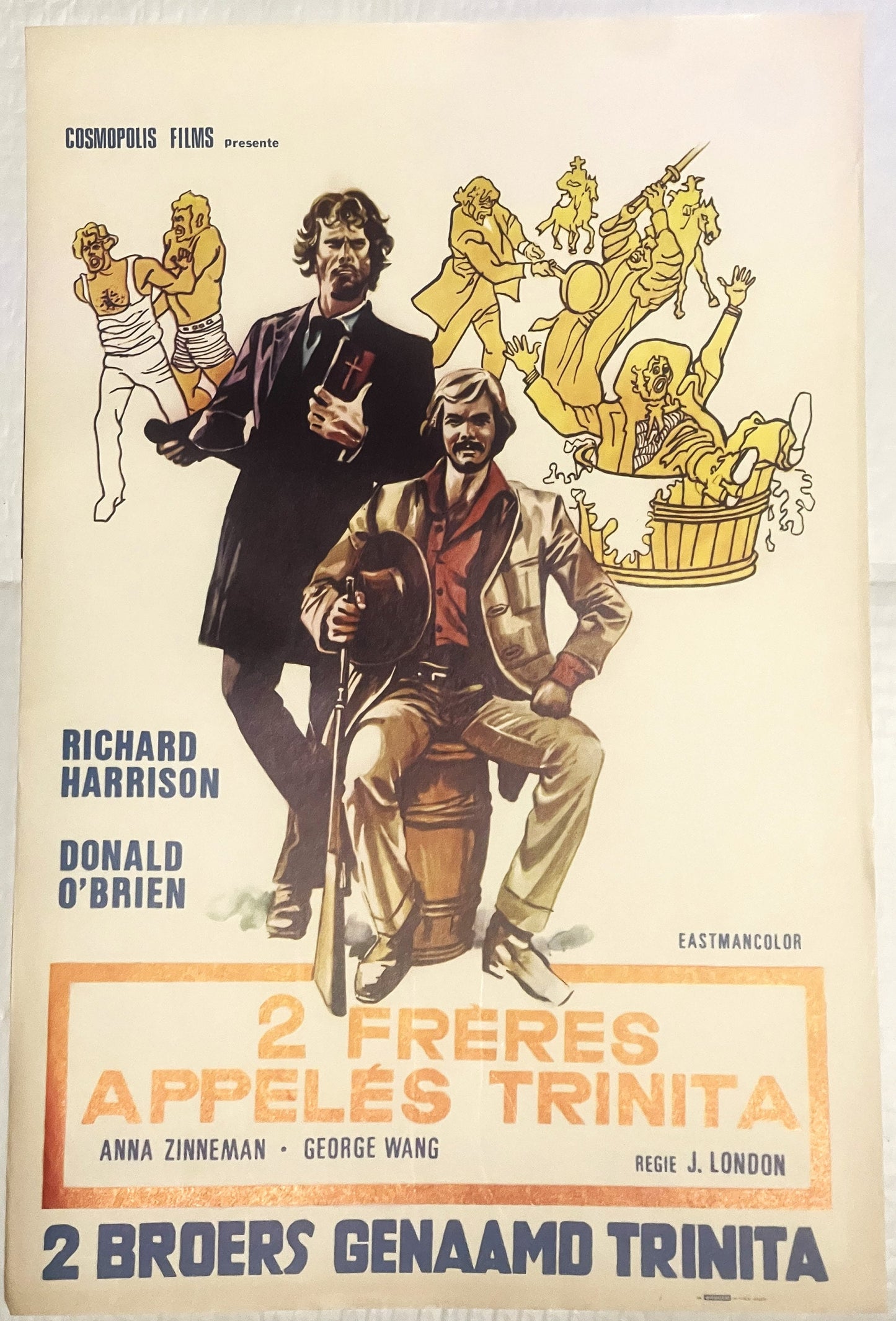 Vintage Belgian movie poster for "2 Freres Appeles Trinita" featuring two men in Western attire with illustrated characters a