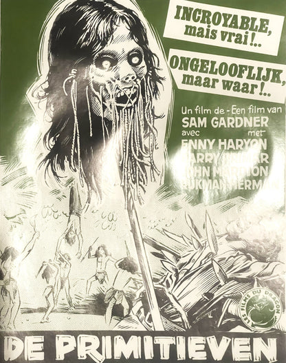 Vintage Belgian movie poster featuring a grotesque monster face with wild hair against green background, with "De Primitieven