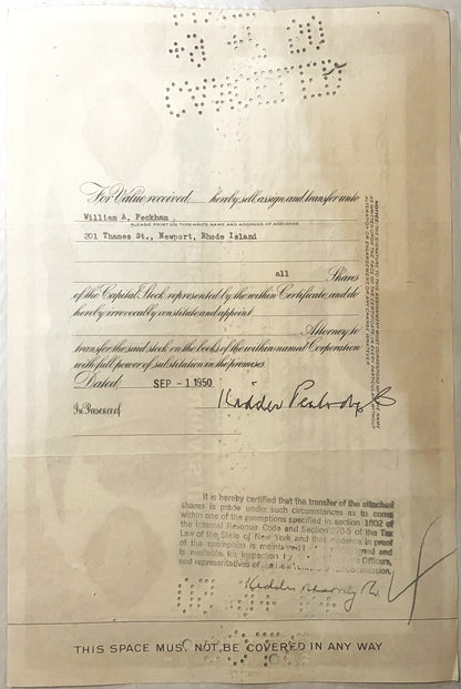 Vintage stock certificate, with ornate script and printed text on aged cream paper, signed in cursive