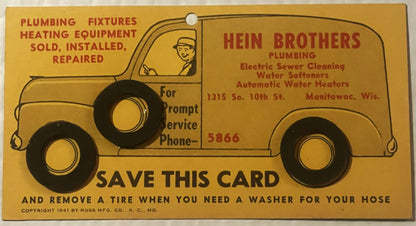 Yellow 1941 Hein Brothers Plumbing advertising card with vintage truck illustration and tire washer offer, Manitowoc Wisconsi