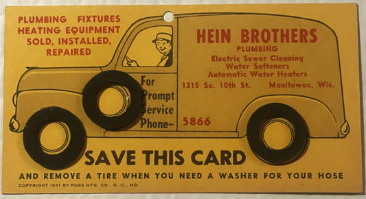 1941 Hein Brothers Plumbing Advertising Washer Card 🔧 Manitowoc Wisconsin