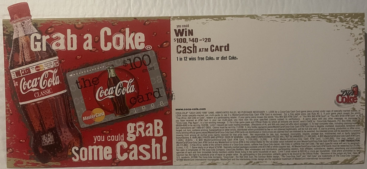 Vintage 1998 Coca-Cola promotional display advertising "Grab a Coke Grab Some Cash" with MasterCard ATM card giveaway, featur