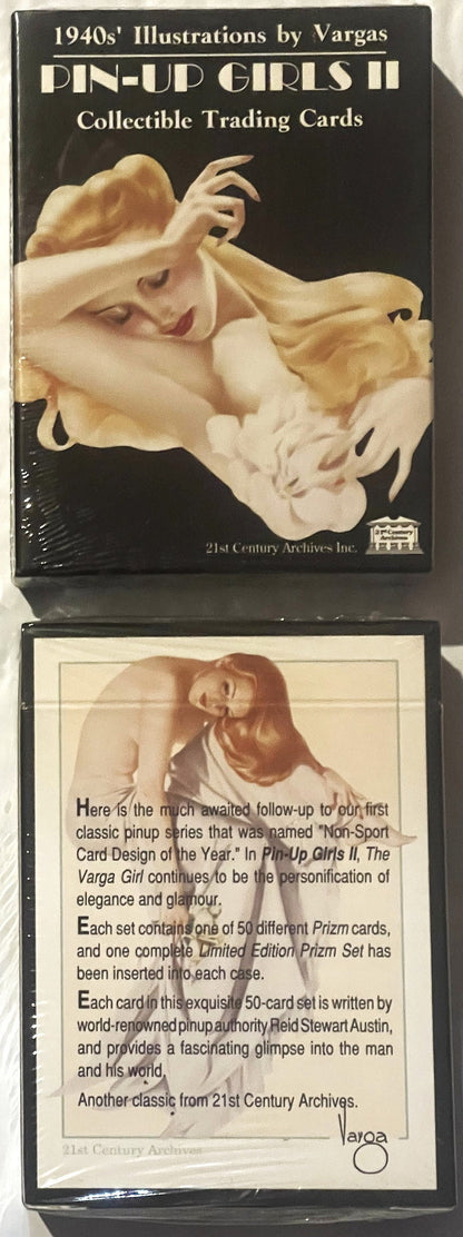Sealed 1993 Vargas Pin-Up Girls II trading card box showing illustrated woman on black cover and product description card bel