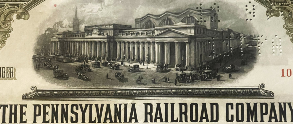 Vintage 1934 Pennsylvania Railroad $1000 gold bond certificate featuring engraved Penn Station facade with columns and classi