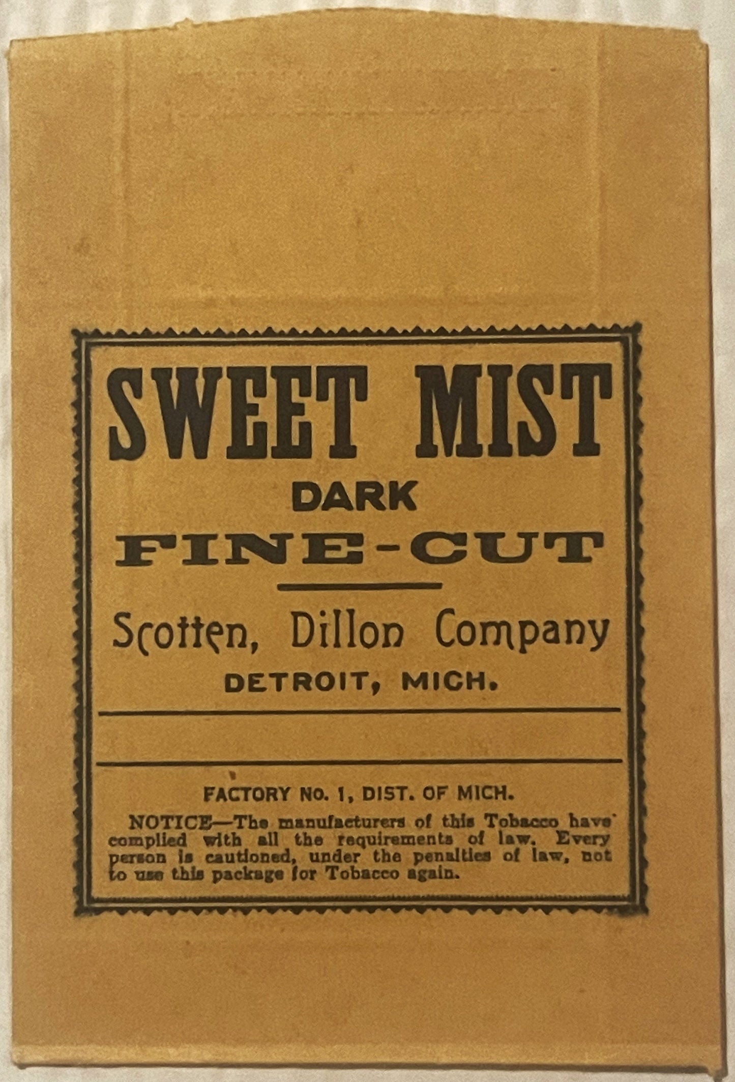 Antique Vintage 1930s - 1940s Sweet Mist Dark Fine Cut Tobacco Bag, Detroit, MI 🚬