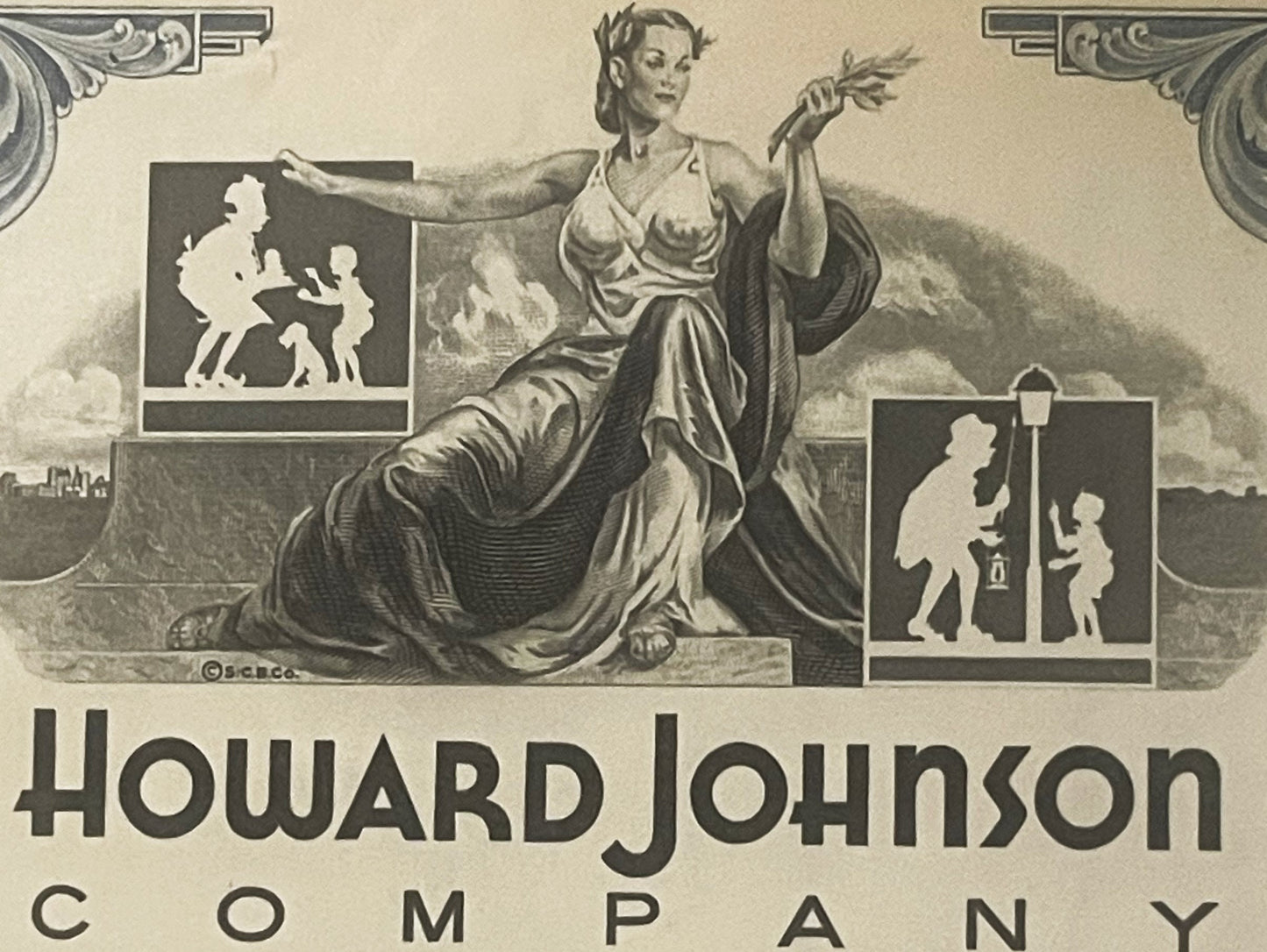 Vintage Howard Johnson Company stock certificate with allegorical woman figure and silhouetted vignettes of children, beige a