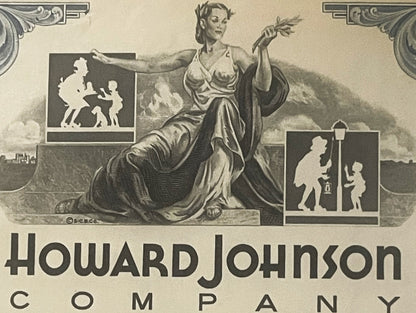 Vintage Howard Johnson Company stock certificate with allegorical woman figure and silhouetted vignettes of children, beige a