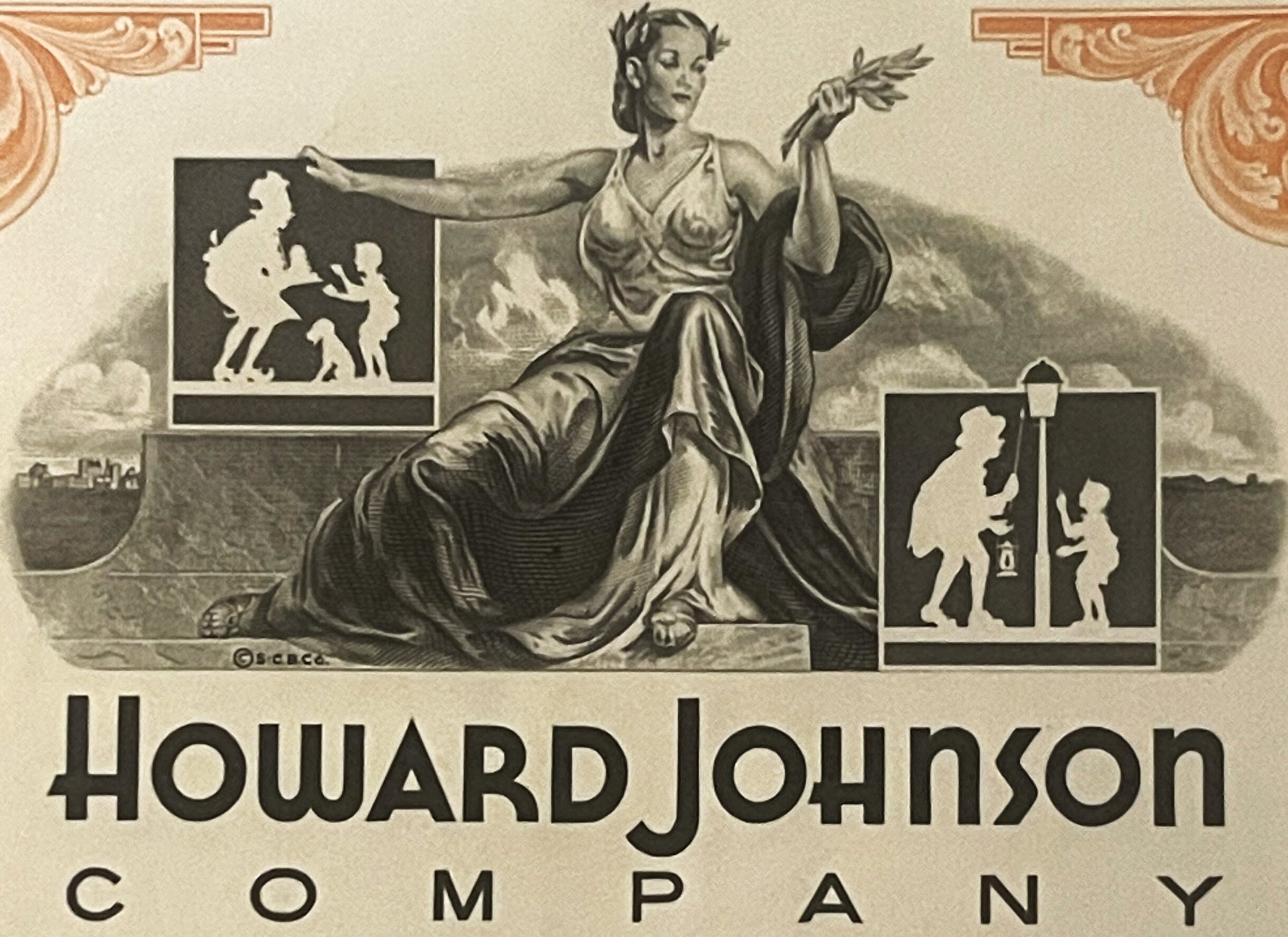 Vintage Howard Johnson Company stock certificate featuring allegorical female figure with laurel branch, ornamental corners, 
