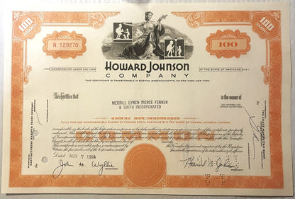 Orange and cream stock certificate for Howard Johnson Company, 100 shares, with ornate borders and co