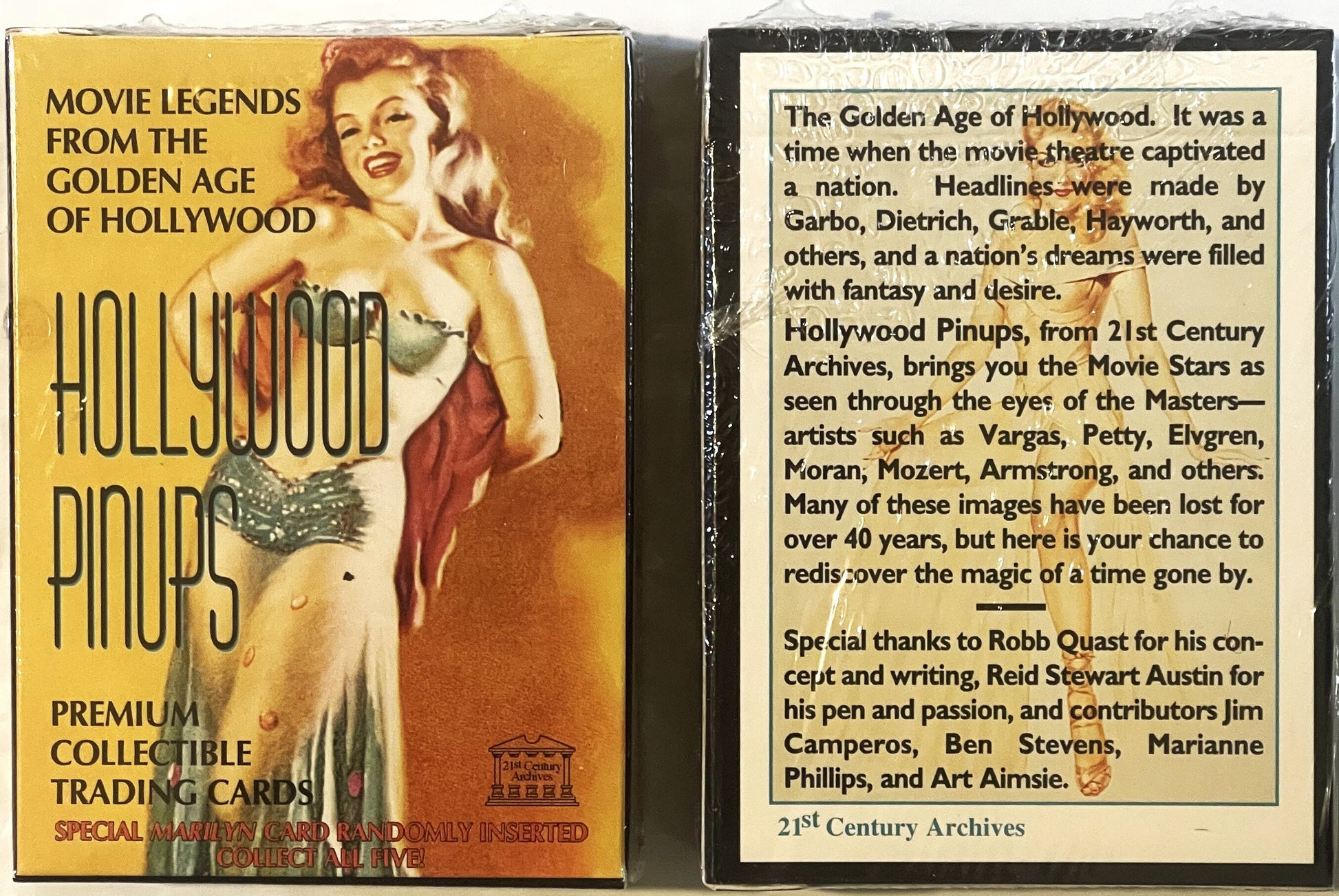 Sealed vintage trading card box showing front and back covers featuring Golden Age Hollywood pinup artwork and product descri
