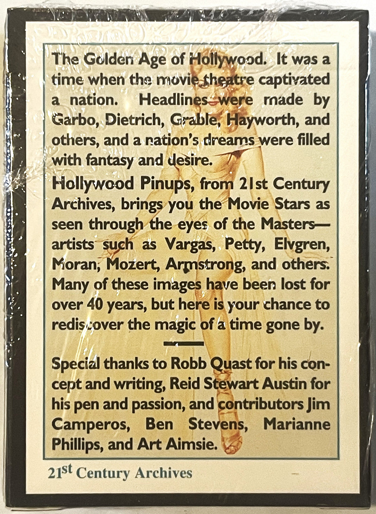 Back of sealed box showing beige text on cream background with vintage pin-up illustration, describing Golden Age Hollywood a