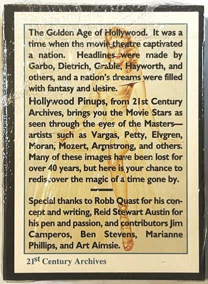 Back of sealed box showing beige text on cream background with vintage pin-up illustration, describing Golden Age Hollywood a