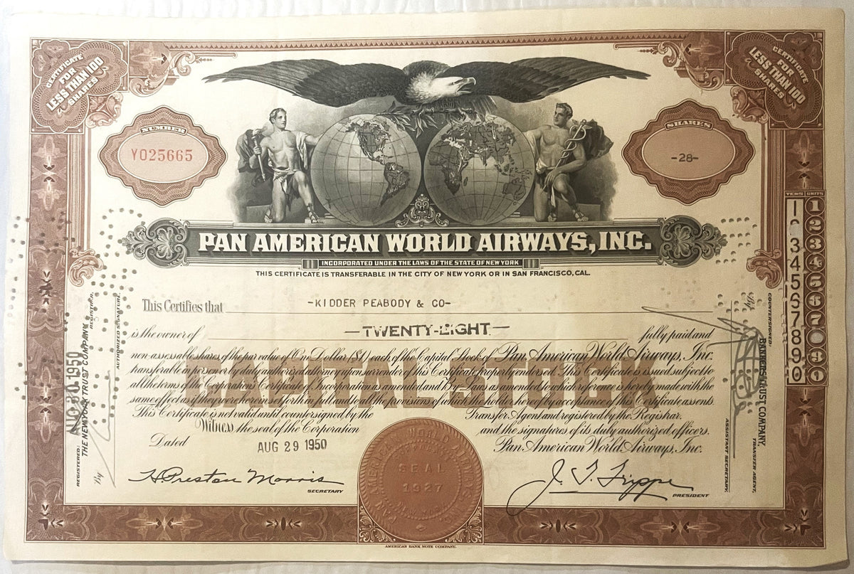 Vintage Pan American World Airways stock certificate, featuring brown and gold ornamental borders, eagl