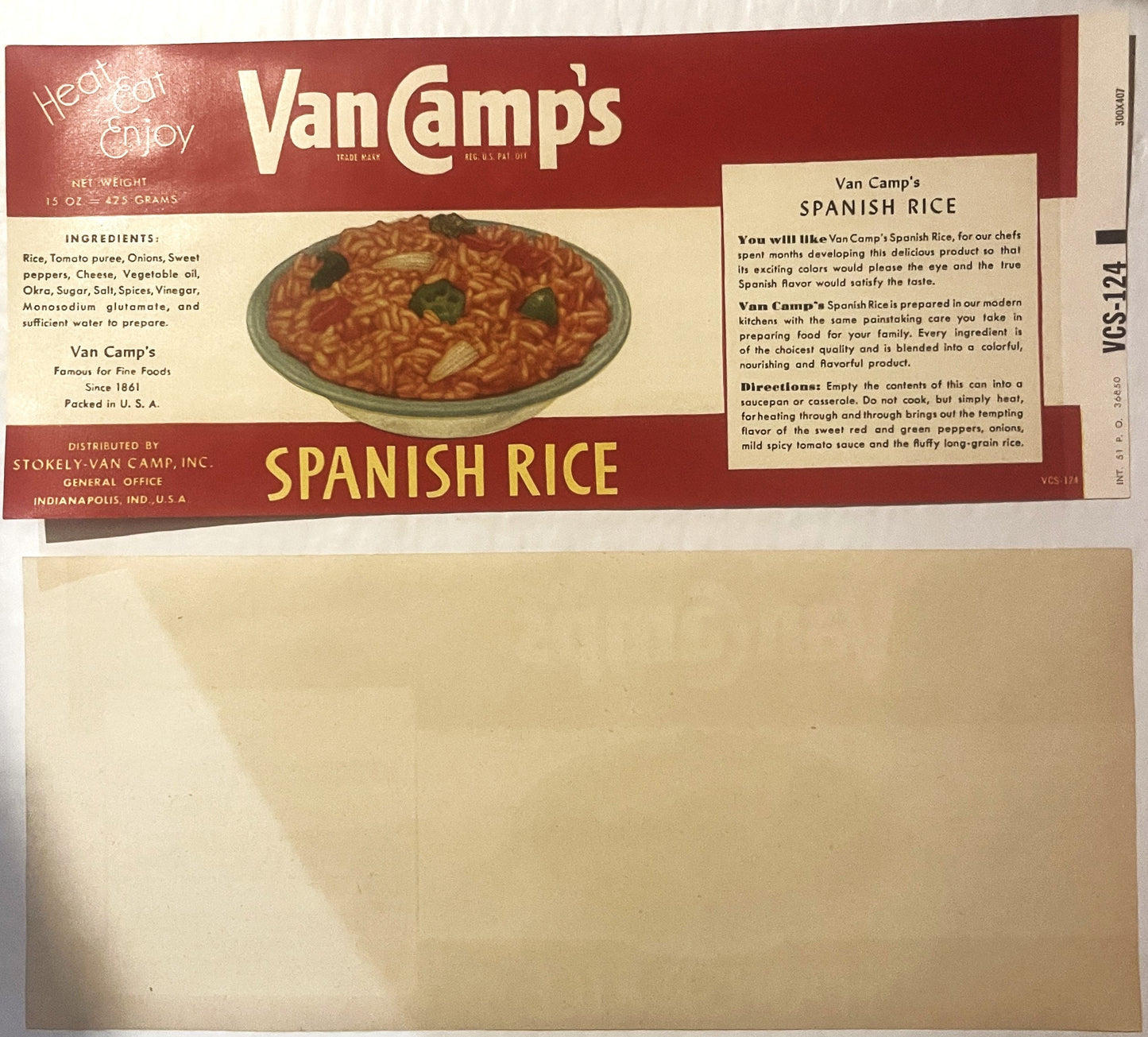 Vintage Van Camp's Spanish Rice label showing red and cream packaging with ingredient list, product image, and cooking direct