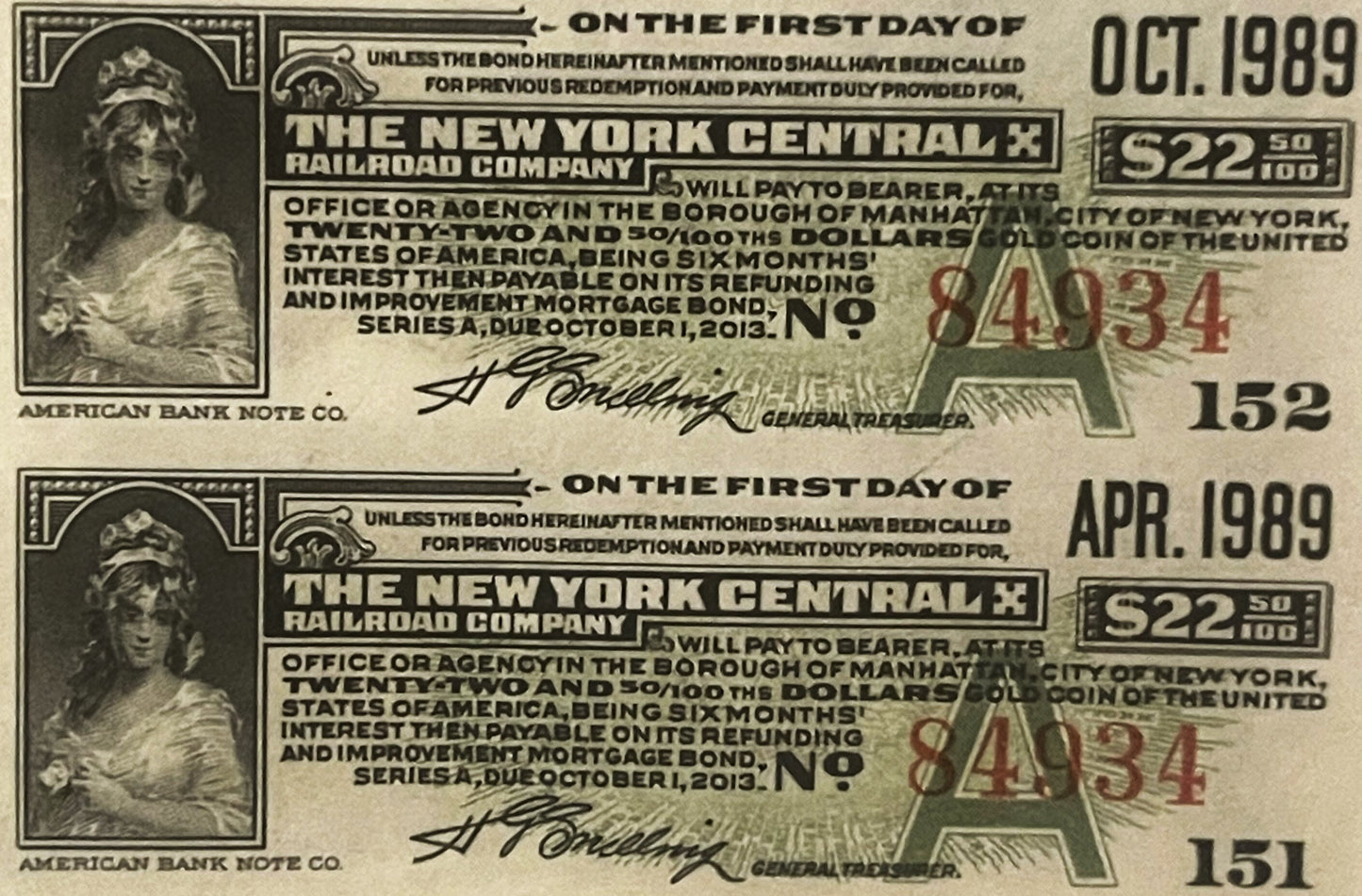 Two vintage New York Central Railroad bond certificates from 1989 and 1913, showing ornate typography, portraits, and denomin