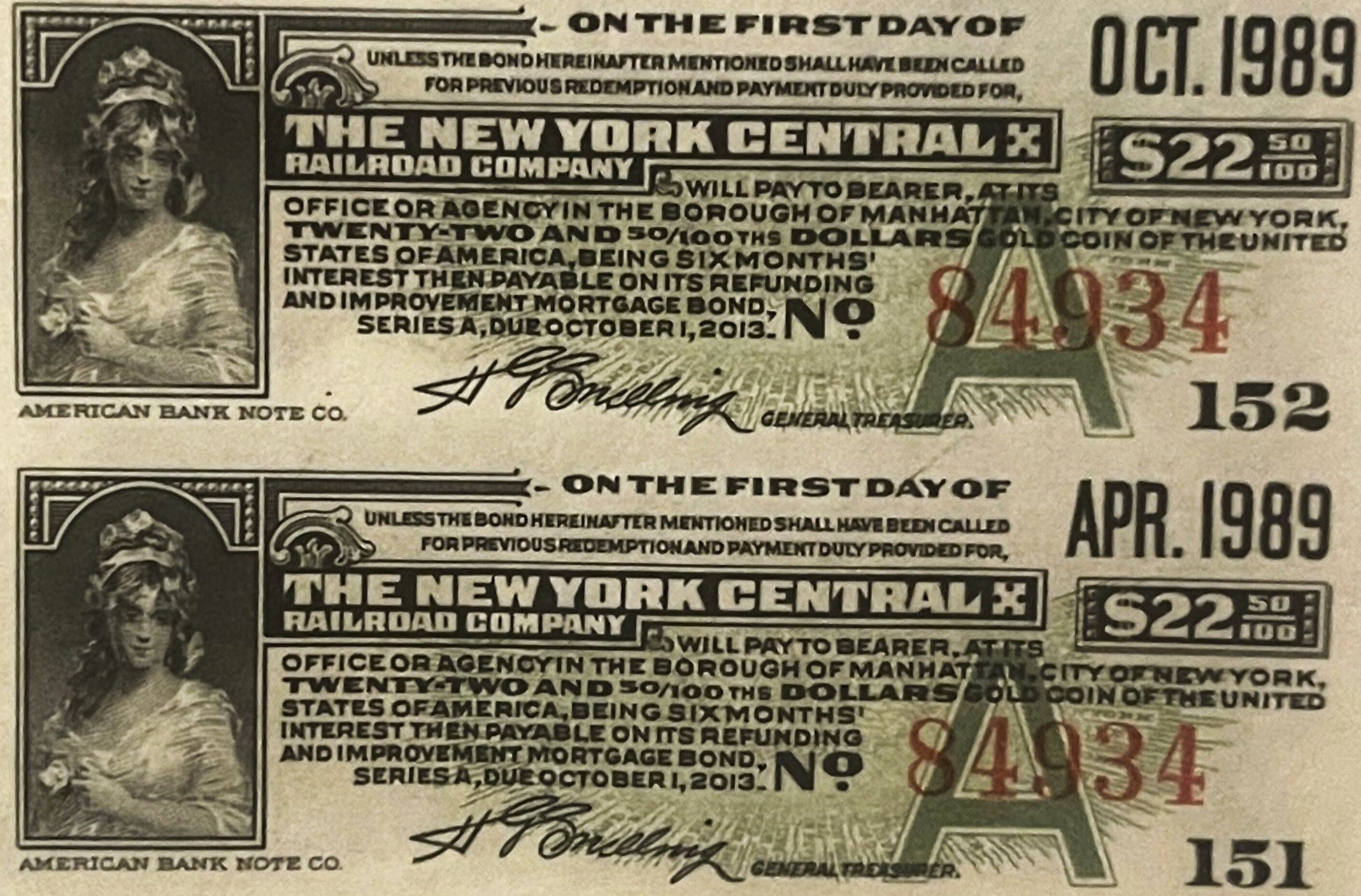 Two vintage New York Central Railroad bond certificates from 1989 and 1913, showing ornate typography, portraits, and denomin