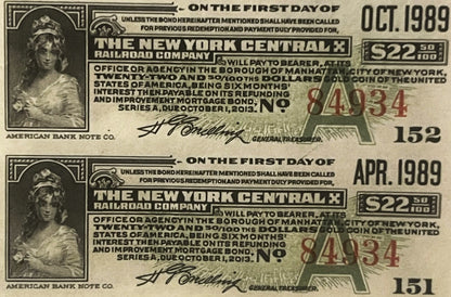 Two vintage New York Central Railroad bond certificates from 1989 and 1913, showing ornate typography, portraits, and denomin