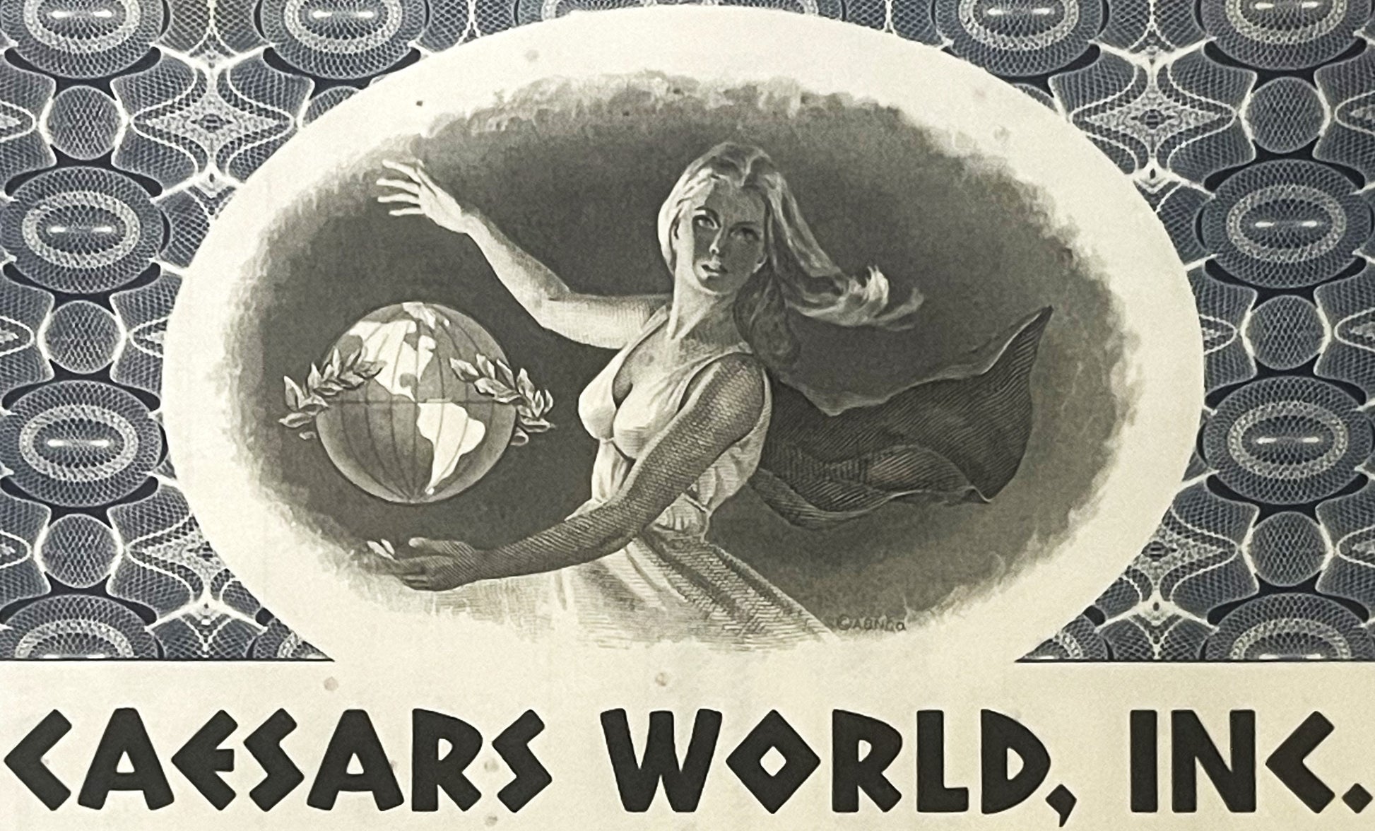 Black and white engraved stock certificate header for Caesars World, Inc. featuring allegorical woman with globe and decorati