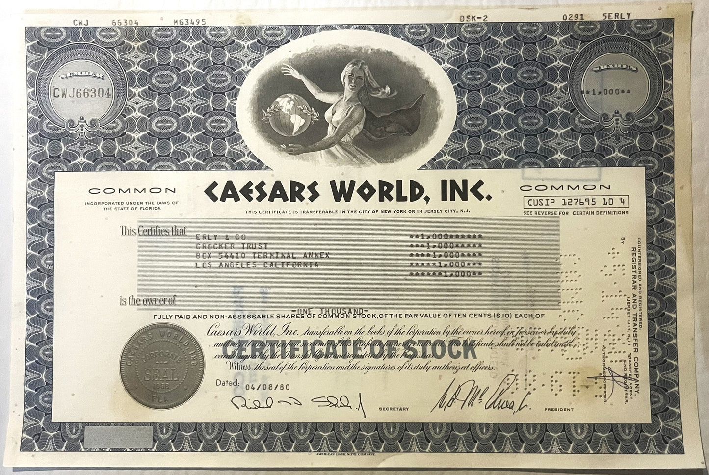 Caesars World, Inc. stock certificate for 1,000 shares, featuring classical engraving with allegoric