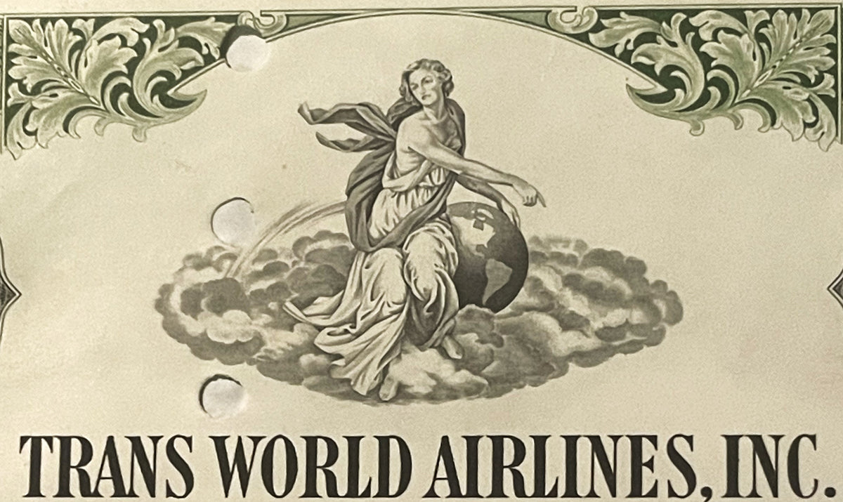 Vintage TWA bond certificate header with classical engraving of winged figure on clouds, ornate scrollwork borders, and "Tran