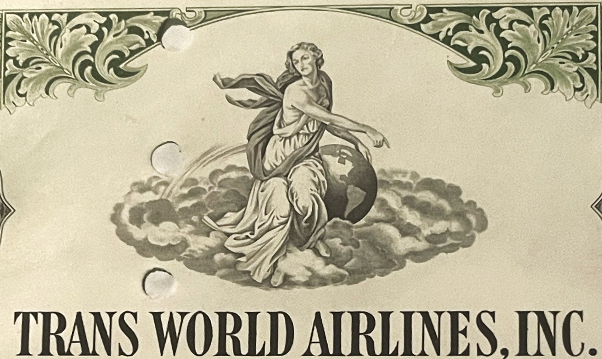 Vintage TWA bond certificate header with classical engraving of winged figure on clouds, ornate scrollwork borders, and "Tran