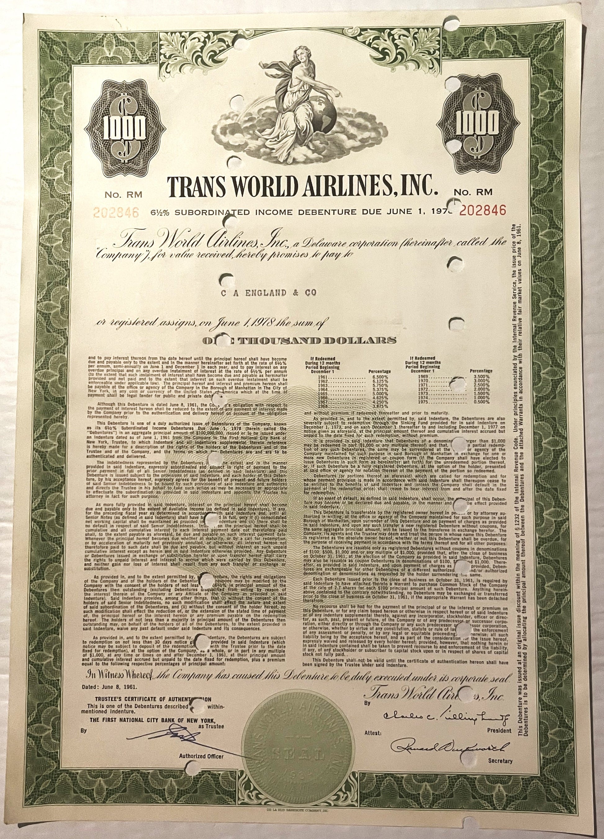 Vintage 1961 TWA Trans World Airlines $1000 subordinated income debenture bond certificate with ornate green borders, allegor